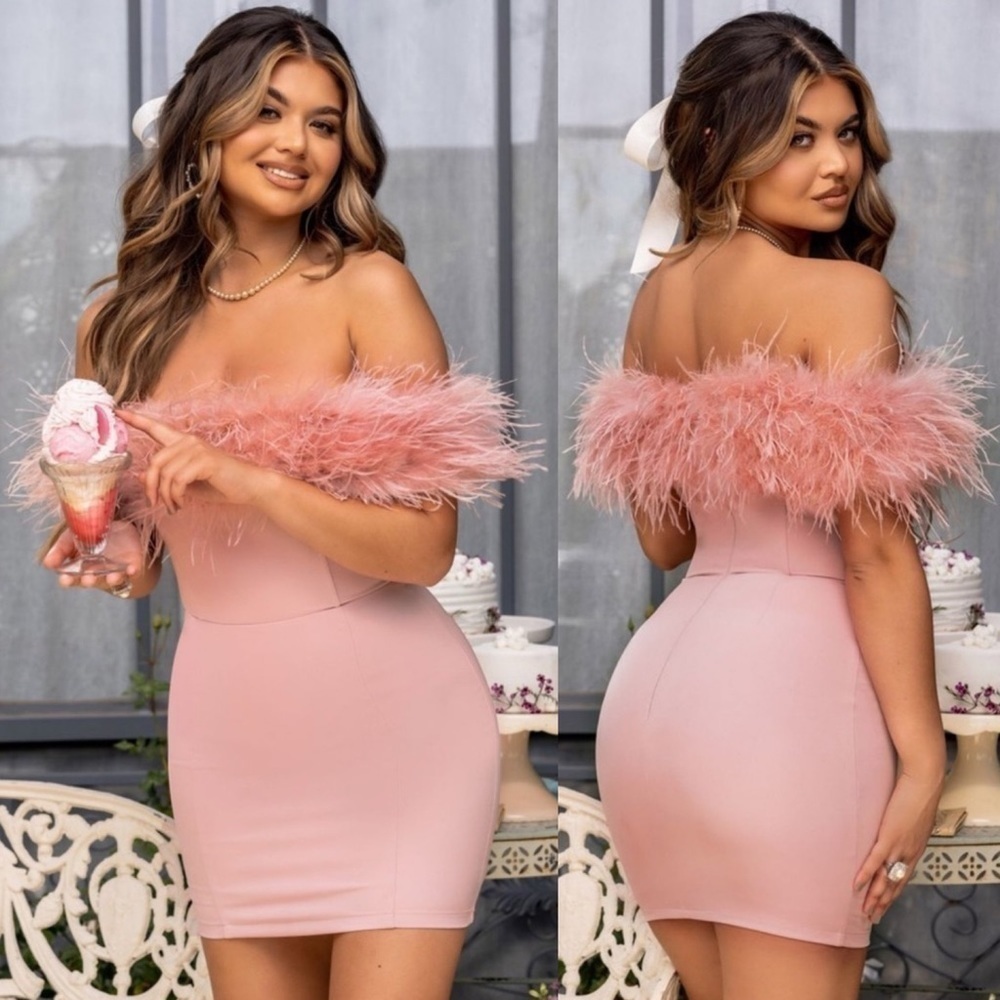 NEW! Club London- Pure Delight Pink Bardot Feather Off Shoulder Mini Dress S